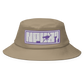 Front view of a khaki bitcoin bucket hat.