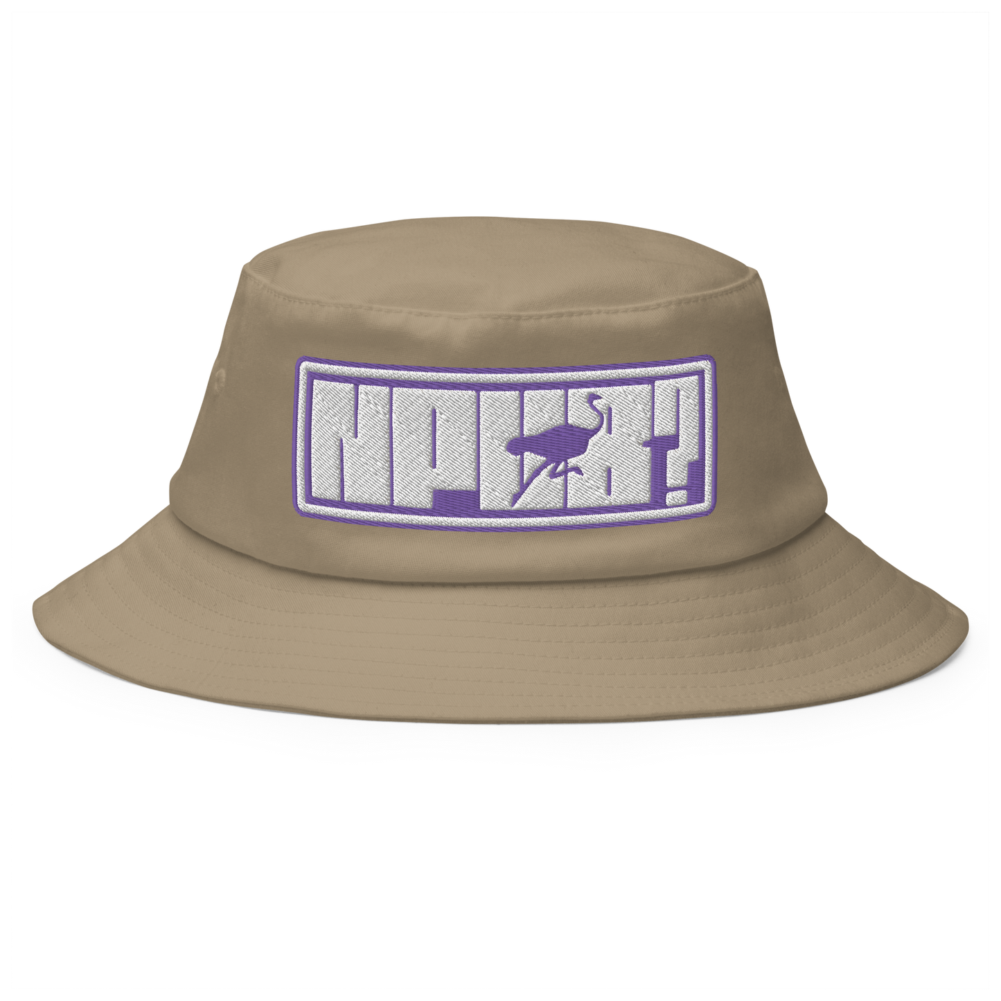 Front view of a khaki bitcoin bucket hat.