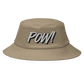 Front view of a khaki bitcoin bucket hat.