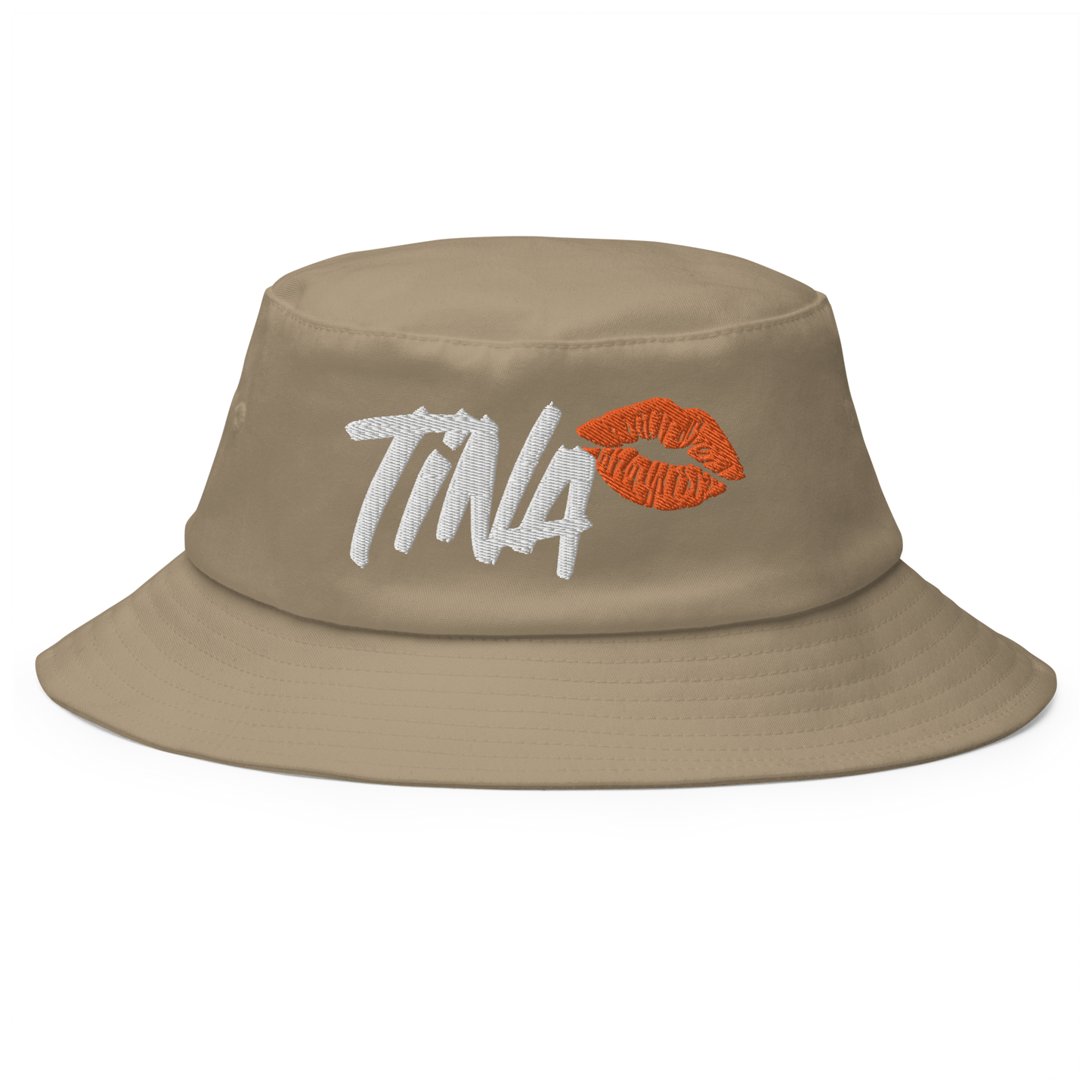 Front view of a khaki bitcoin bucket hat.