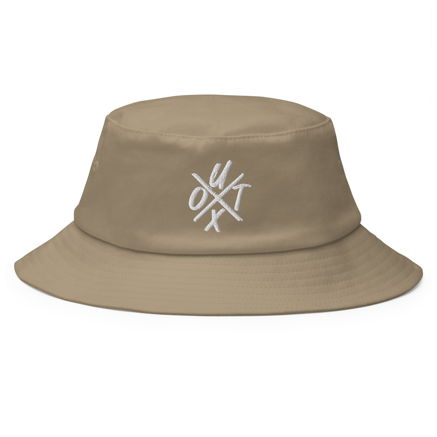 Front view of a khaki bitcoin bucket hat.