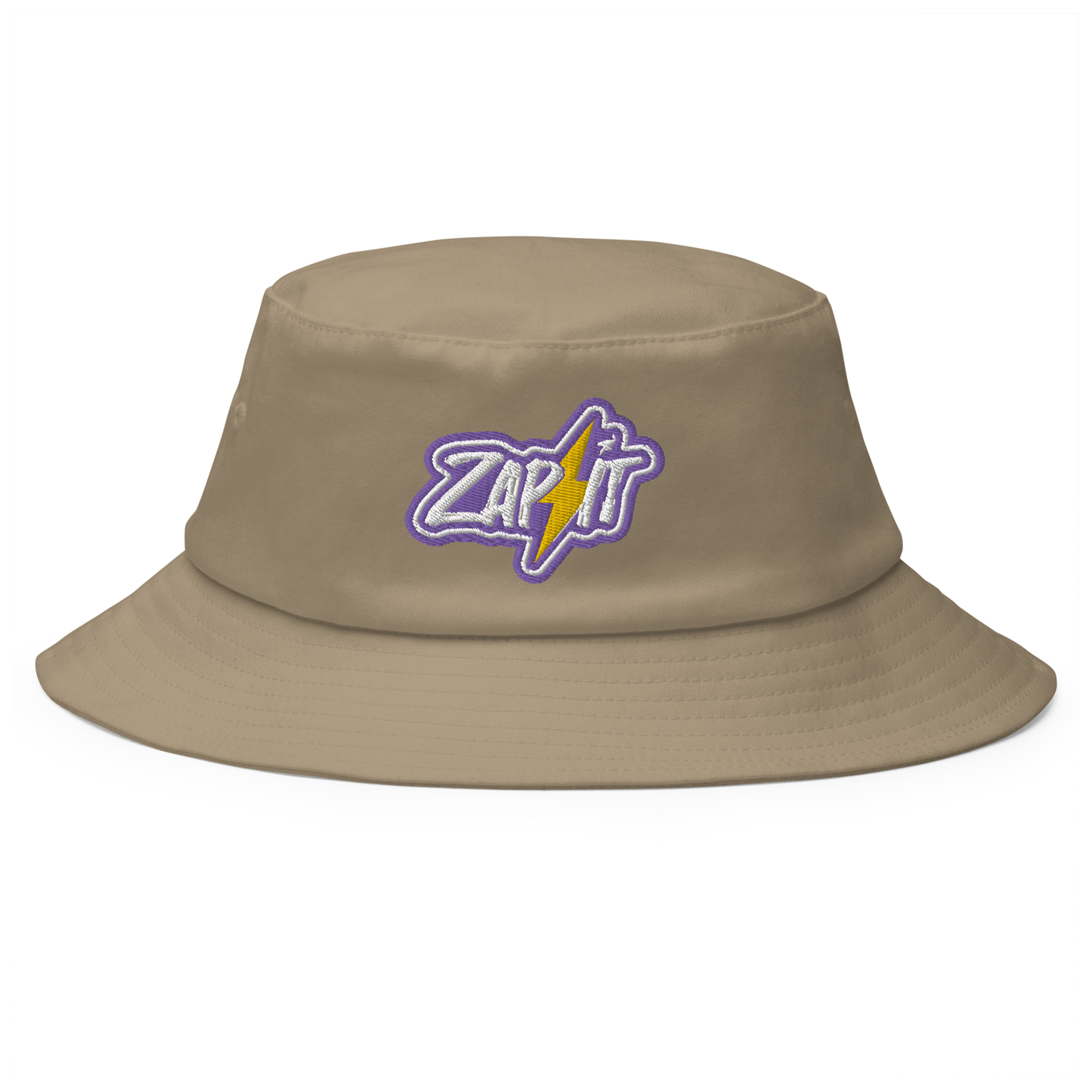 Front view of a khaki bitcoin bucket hat.