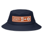 Front view of a navy colored bitcoin bucket hat.