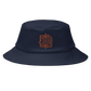 Front view of a navy blue bitcoin bucket hat.