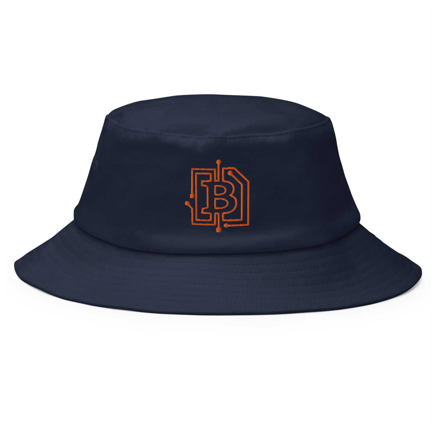 Front view of a navy blue bitcoin bucket hat.