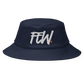 Front view of a navy blue bitcoin bucket hat.