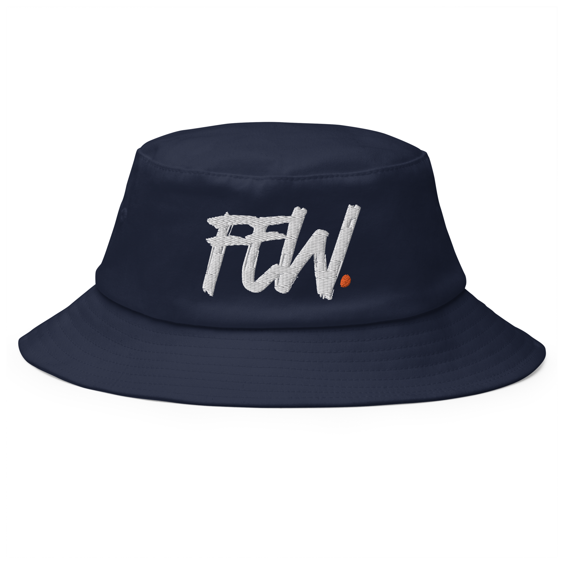 Front view of a navy blue bitcoin bucket hat.