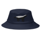 Front view of a navy blue bitcoin bucket hat.