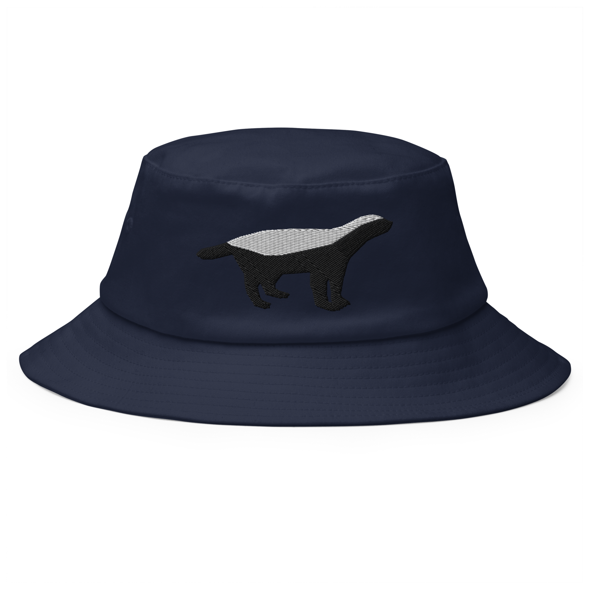 Front view of a navy blue bitcoin bucket hat.