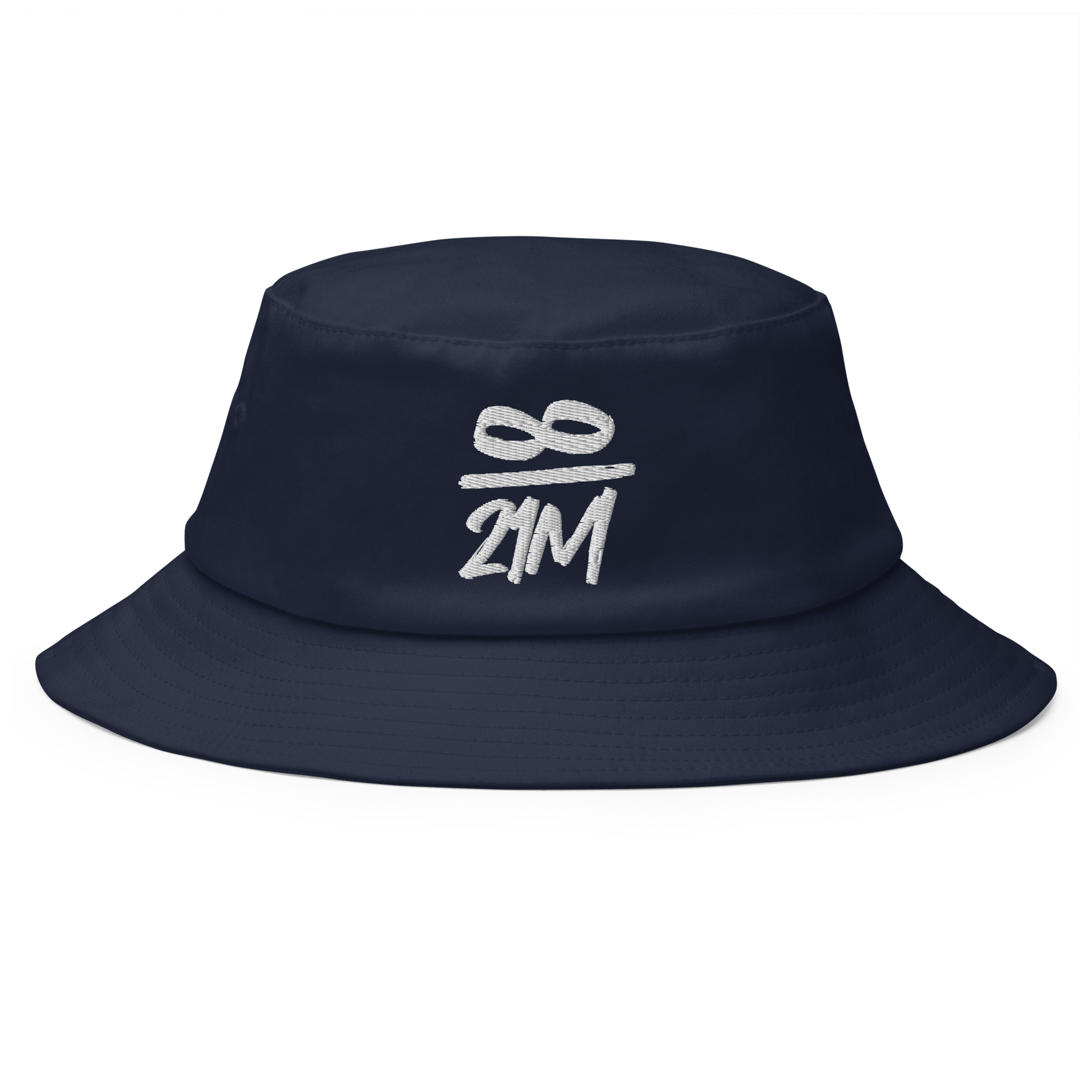 Front view of a navy blue bitcoin bucket hat.