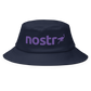 Front view of a navy blue bitcoin bucket hat.