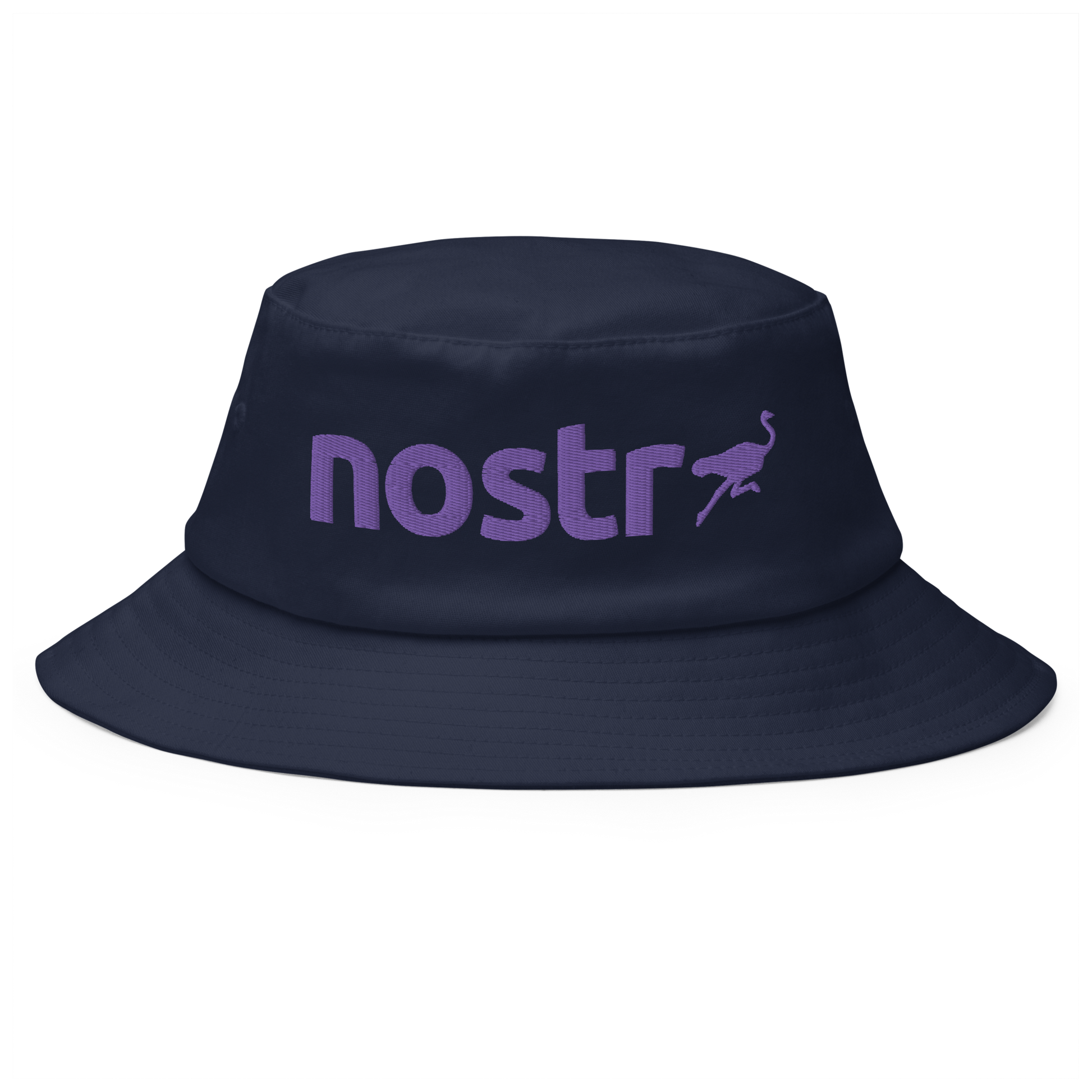 Front view of a navy blue bitcoin bucket hat.