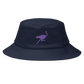 Front view of a navy blue bitcoin bucket hat.