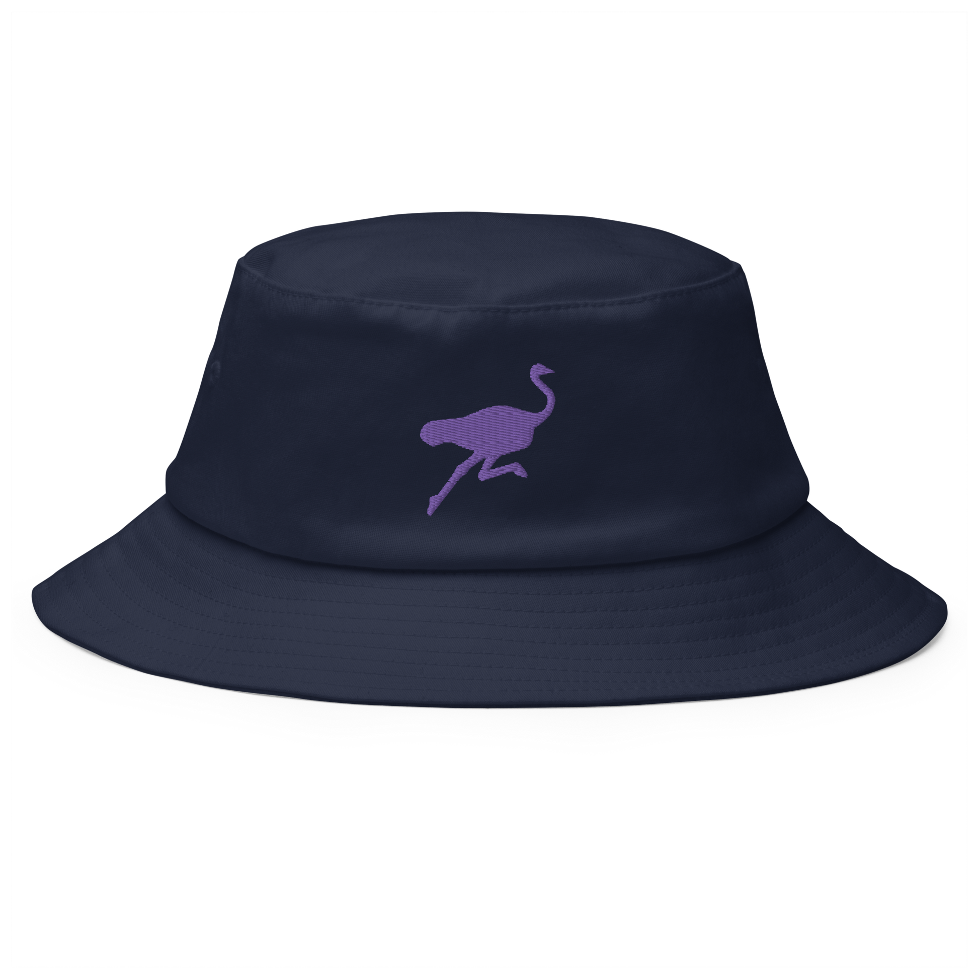 Front view of a navy blue bitcoin bucket hat.