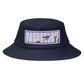 Front view of a navy blue bitcoin bucket hat.