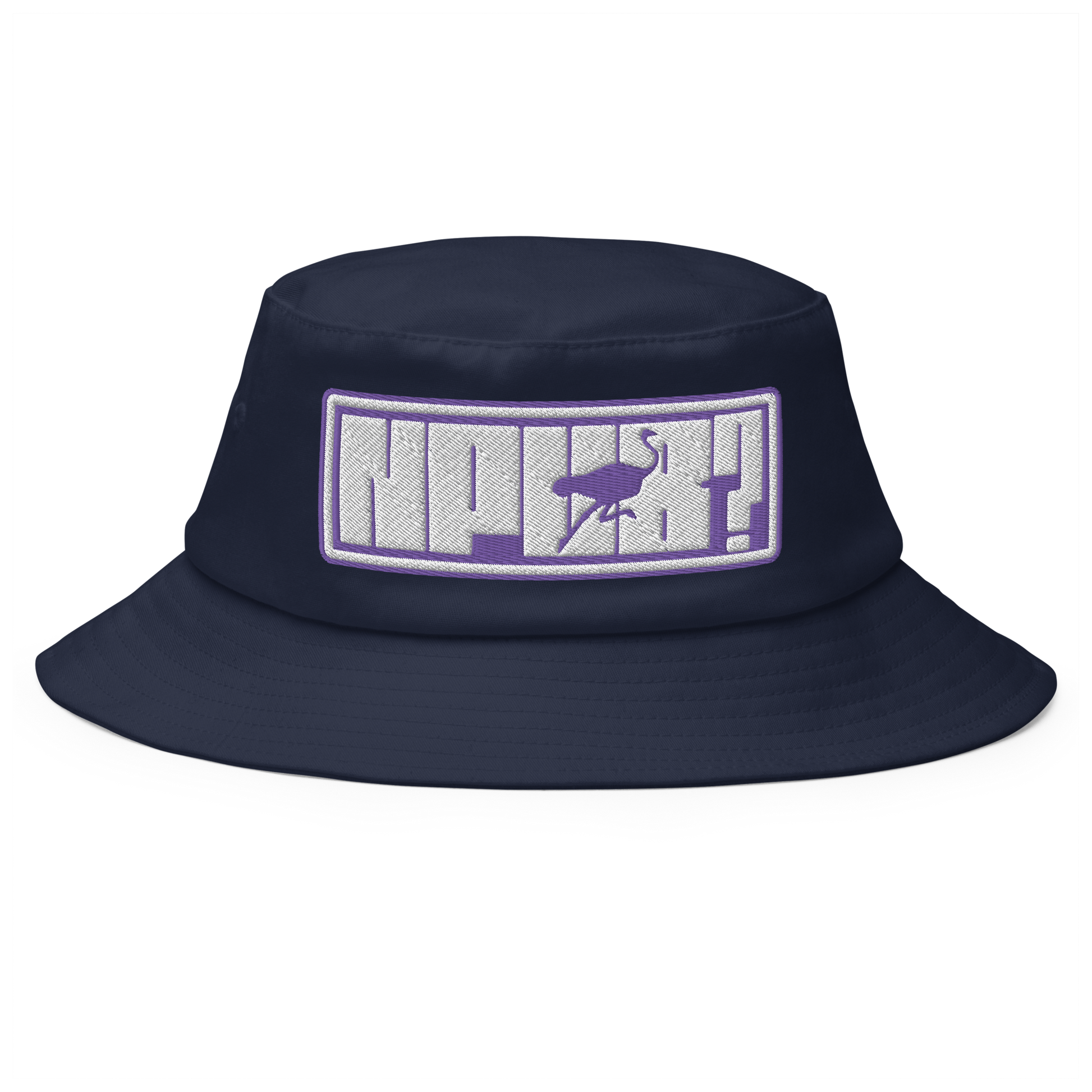 Front view of a navy blue bitcoin bucket hat.