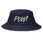 Front view of a navy blue bitcoin bucket hat.