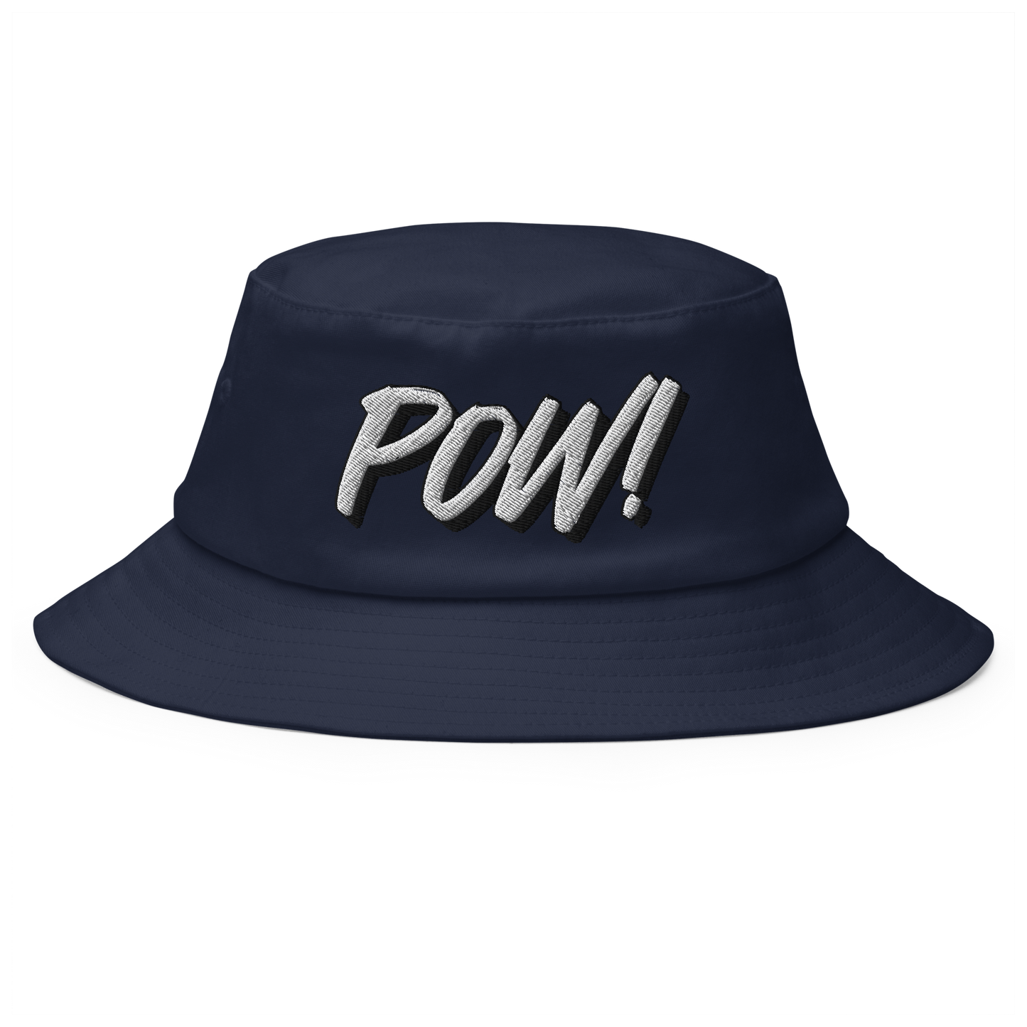 Front view of a navy blue bitcoin bucket hat.