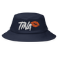 Front view of a navy blue bitcoin bucket hat.