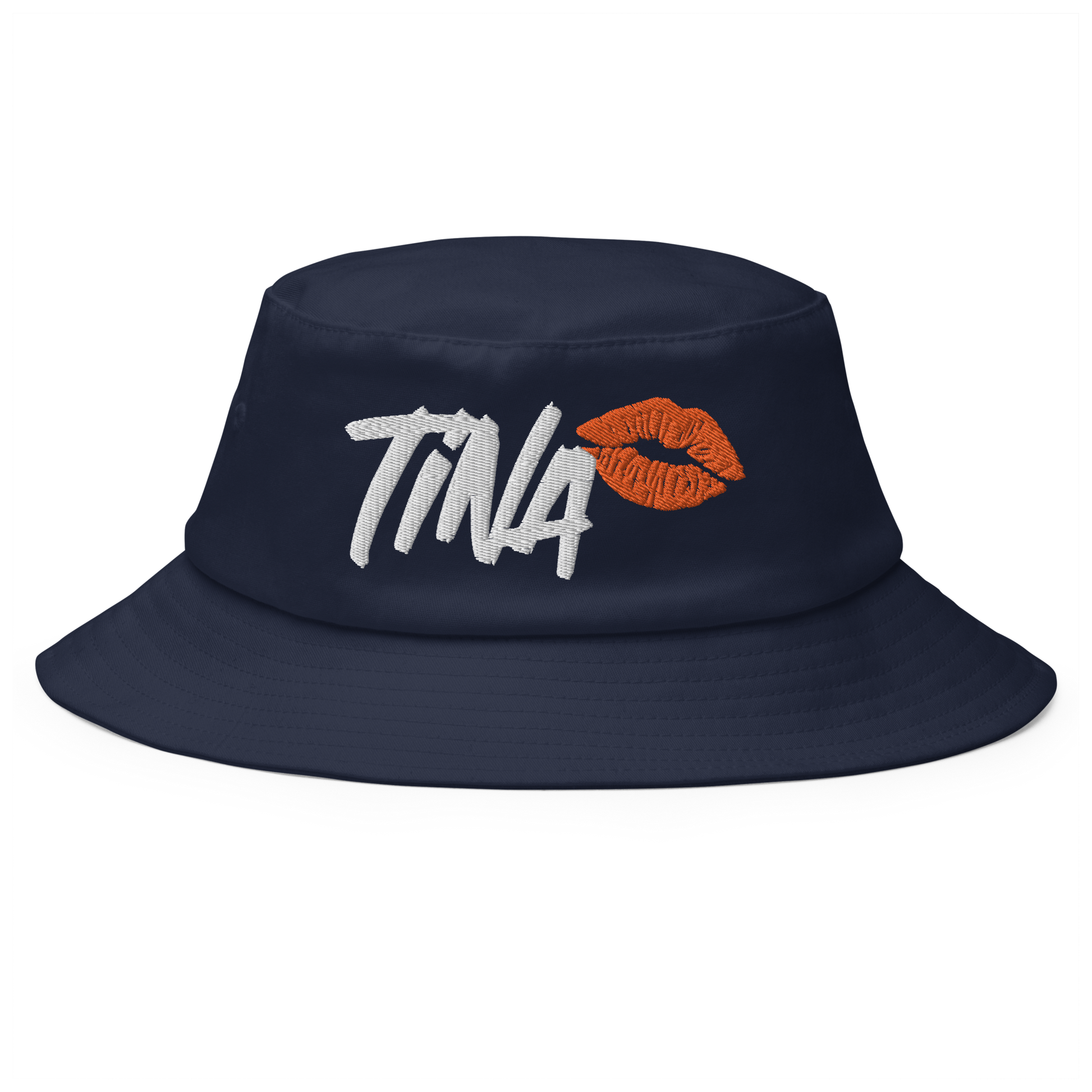 Front view of a navy blue bitcoin bucket hat.