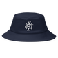 Front view of a navy blue bitcoin bucket hat.