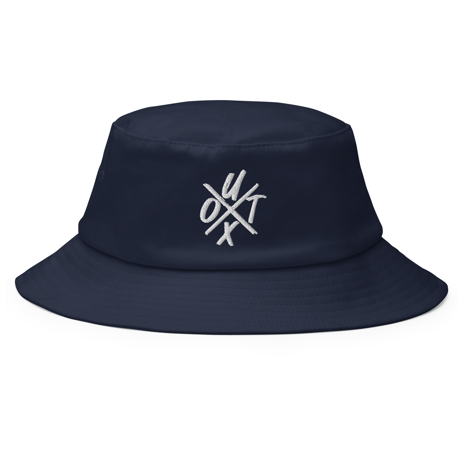 Front view of a navy blue bitcoin bucket hat.