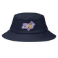 Front view of a navy blue bitcoin bucket hat.