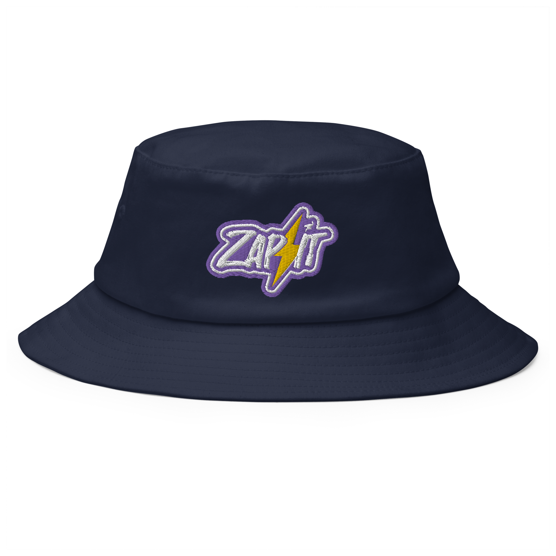 Front view of a navy blue bitcoin bucket hat.