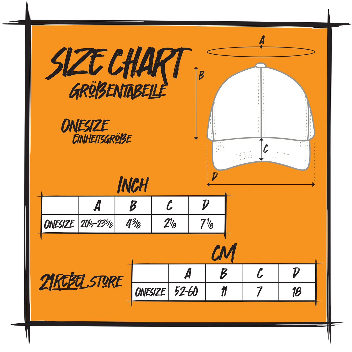 Size chart for the 21Rebel organic cotton dad hat, one size fits all. Head circumference 52 to 60 cm (20 7/8 to 23 5/8 in), crown height 11 cm, brim depth 7 cm, width 18 cm. Labelled in English and German.