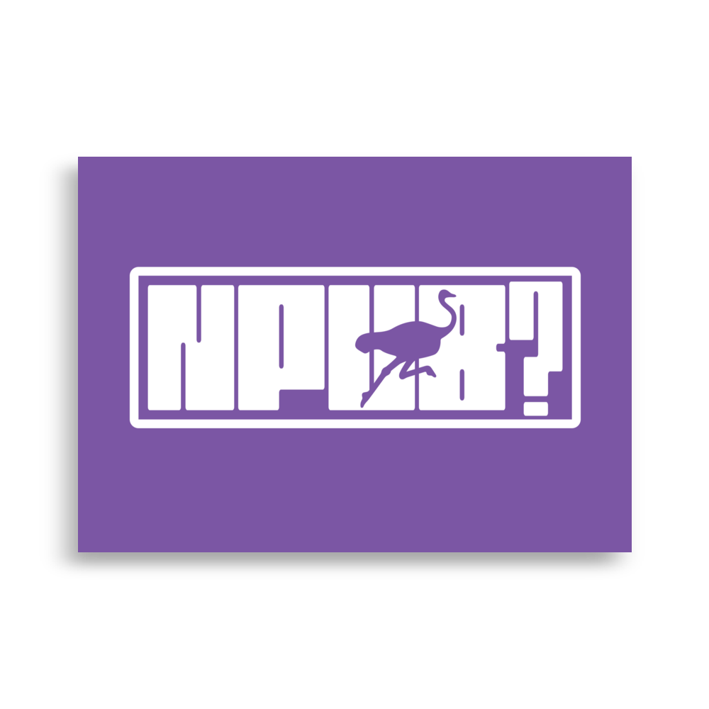 nPub? nostr poster, front view: nPub? in white block letters inside an outlined box on purple, the letter u formed by an ostrich silhouette.