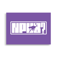 nPub? nostr poster, front view: nPub? in white block letters inside an outlined box on purple, the letter u formed by an ostrich silhouette.