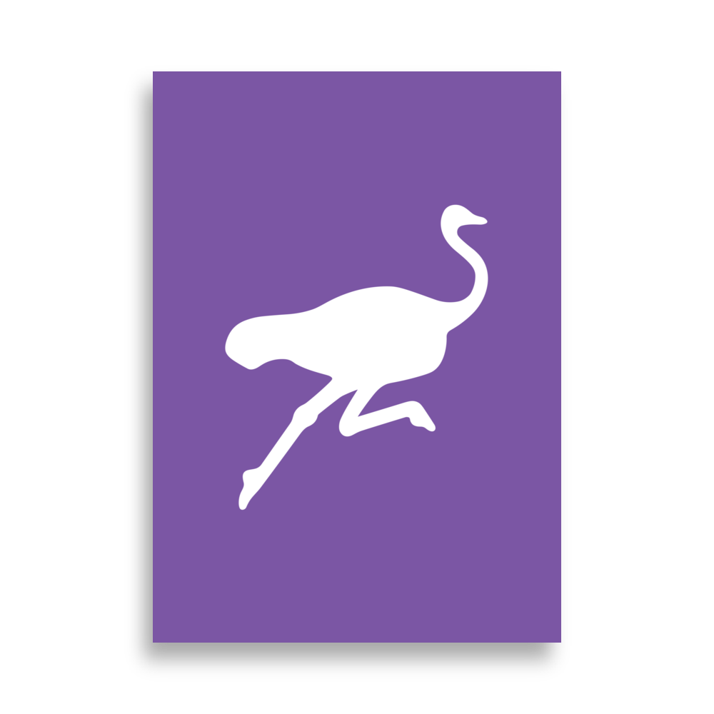 Nostrich nostr poster, front view: a white running ostrich silhouette on purple.