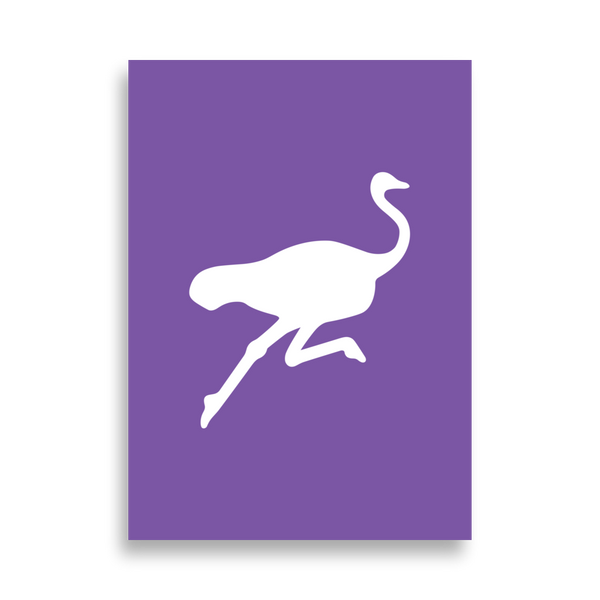 Nostrich nostr poster, front view: a white running ostrich silhouette on purple.