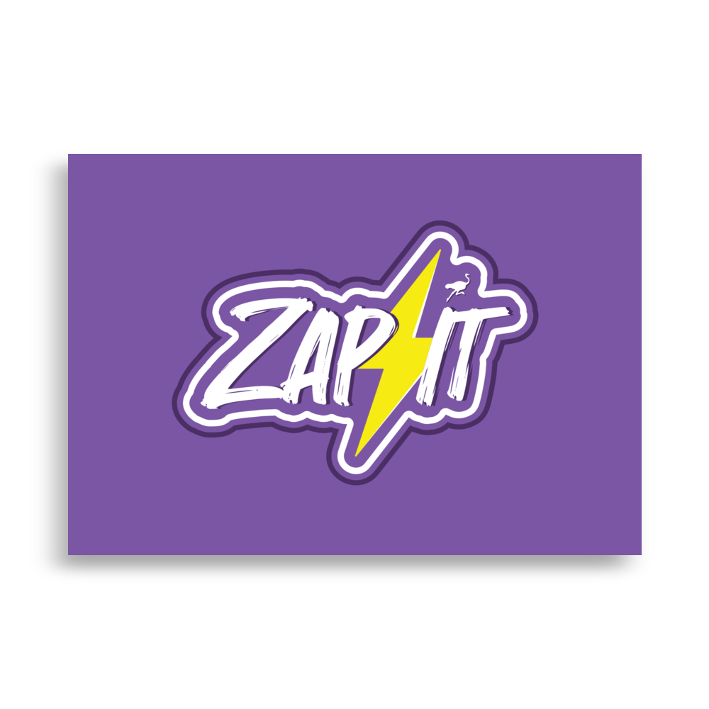 Zap it nostr poster, front view: ZAP IT in white brush lettering on purple, split by a yellow lightning bolt with a small ostrich perched on it.