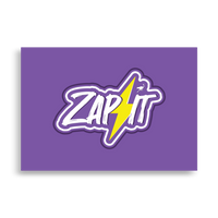 Zap it nostr poster, front view: ZAP IT in white brush lettering on purple, split by a yellow lightning bolt with a small ostrich perched on it.
