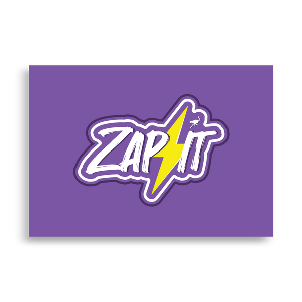 Zap it nostr poster, front view: ZAP IT in white brush lettering on purple, split by a yellow lightning bolt with a small ostrich perched on it.
