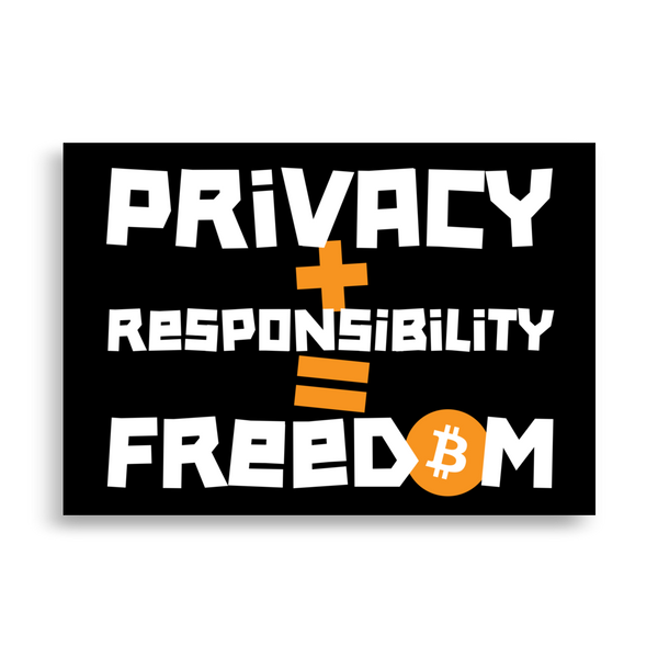 Privacy + Responsibility = Freedom bitcoin poster, front view: PRIVACY + RESPONSIBILITY = FREEDOM in white lettering on black with orange plus and equals signs, the O of FREEDOM an orange bitcoin coin.