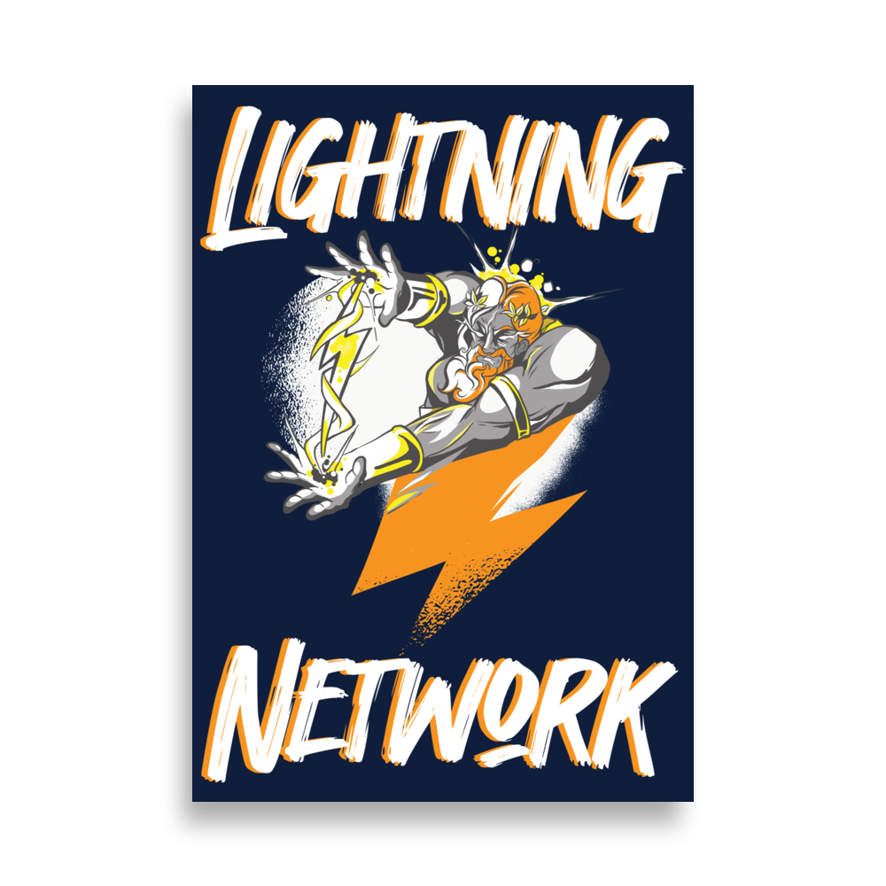Zeus Supporter bitcoin poster, front view: LIGHTNING above and NETWORK below in white and orange brush lettering on navy, with an armoured figure hurling a large orange lightning bolt.