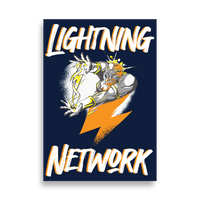 Zeus Supporter bitcoin poster, front view: LIGHTNING above and NETWORK below in white and orange brush lettering on navy, with an armoured figure hurling a large orange lightning bolt.