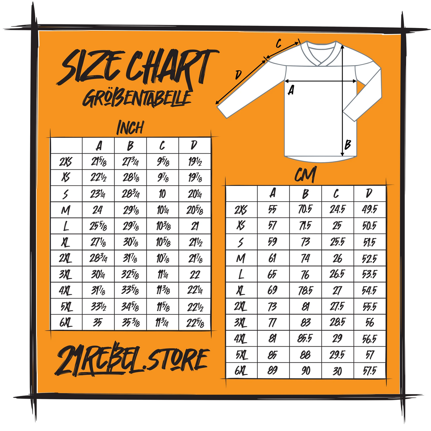 Size chart for the 21Rebel hockey jersey, sizes 2XS to 6XL in inches and centimetres. A is the chest width from 55 to 89 cm, B the length from 70.5 to 90 cm, C the shoulder width from 24.5 to 30 cm and D the sleeve length from 49.5 to 57.5 cm.