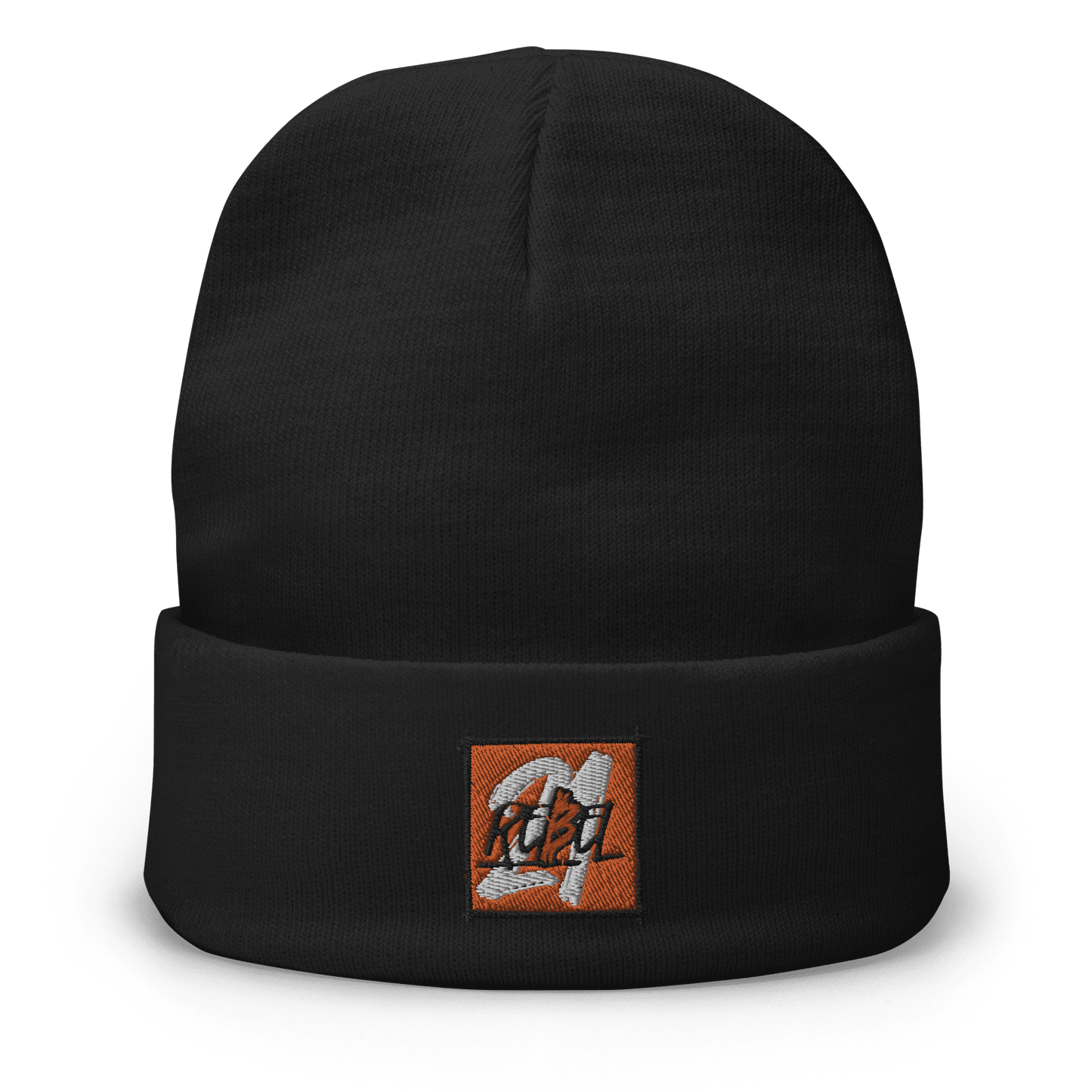 Front view of a black bitcoin beanie.