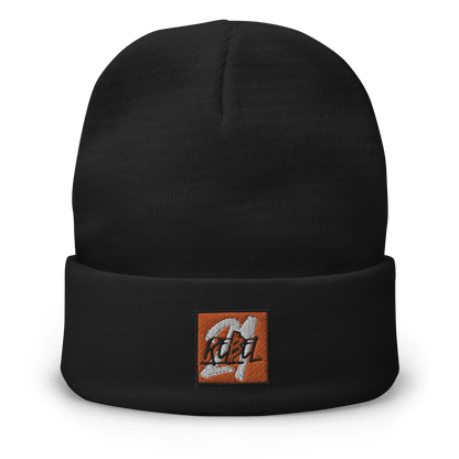 Front view of a black bitcoin beanie.