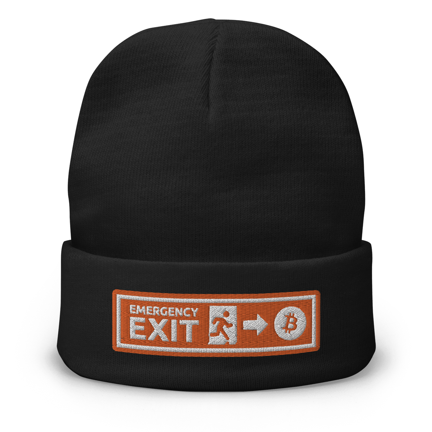 Black embroidered Bitcoin beanie with "Emergency Exit" text, cozy cotton blend, one size fits most