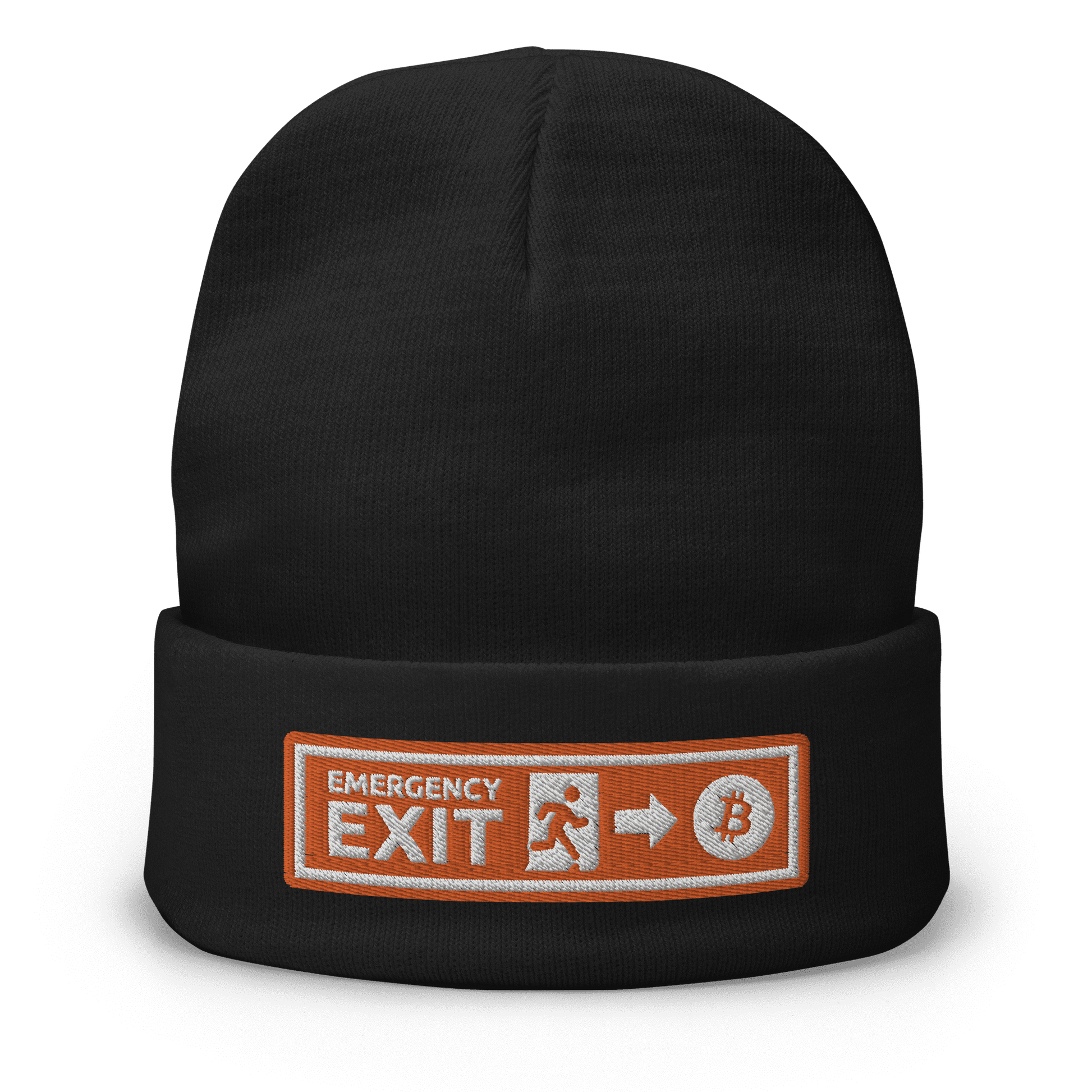 Front view of a black bitcoin beanie.