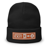 Black embroidered Bitcoin beanie with "Emergency Exit" text, cozy cotton blend, one size fits most