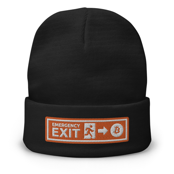 Black embroidered Bitcoin beanie with "Emergency Exit" text, cozy cotton blend, one size fits most