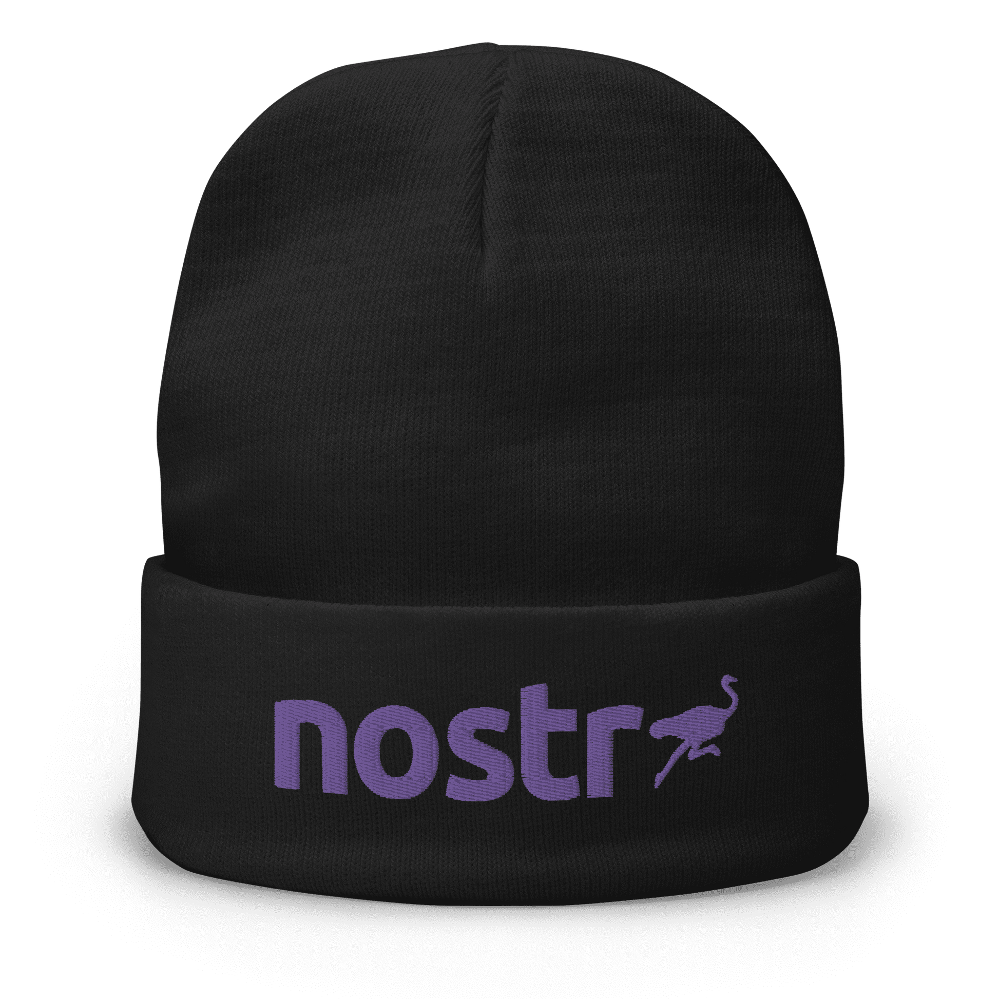 Front view of a black nostr beanie.