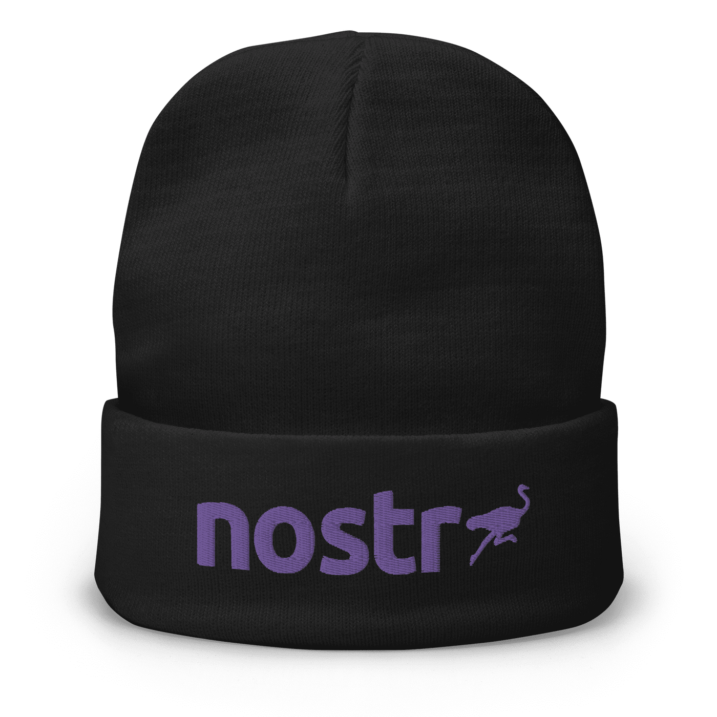 Embroidered Nostr beanie in breathable cotton blend, cozy and form-fitting for censorship-free communication awareness.