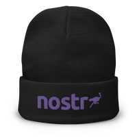 Embroidered Nostr beanie in breathable cotton blend, cozy and form-fitting for censorship-free communication awareness.