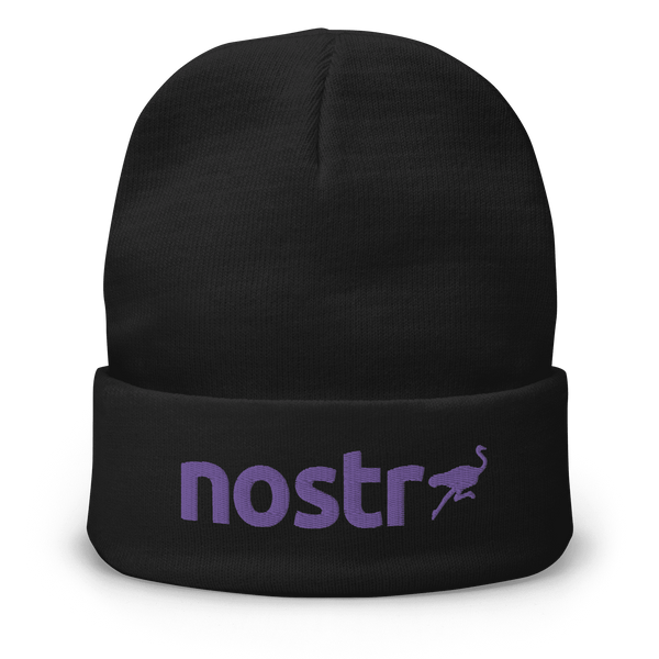 Embroidered Nostr beanie in breathable cotton blend, cozy and form-fitting for censorship-free communication awareness.